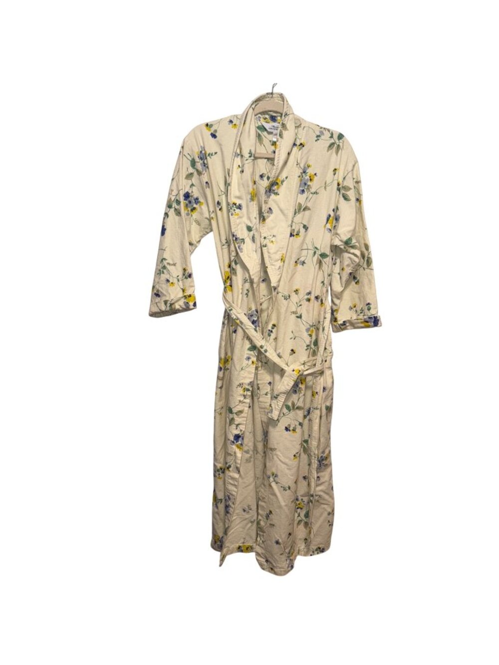 The Vermont Country Store Womens Floral Robe Small 100% Cotton Ivory Yellow Blue